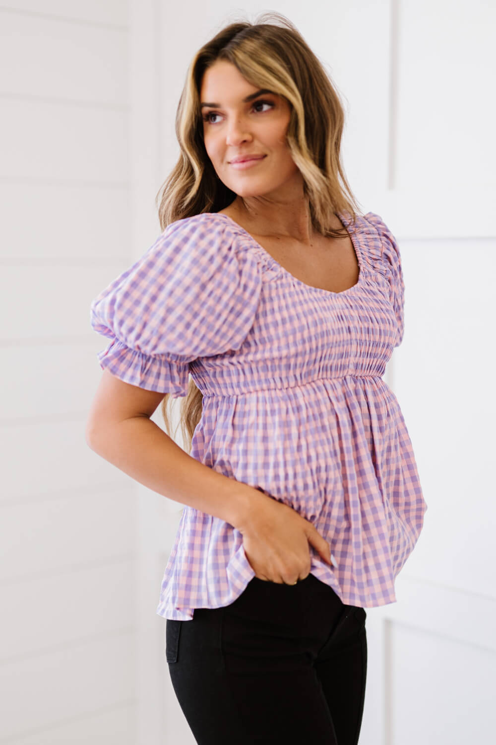 Youthful Days Gingham Smocked Babydoll Top