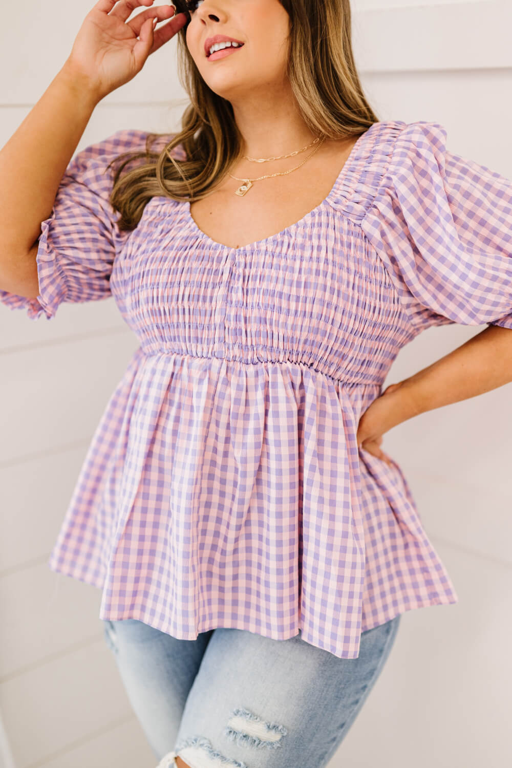 Youthful Days Gingham Smocked Babydoll Top