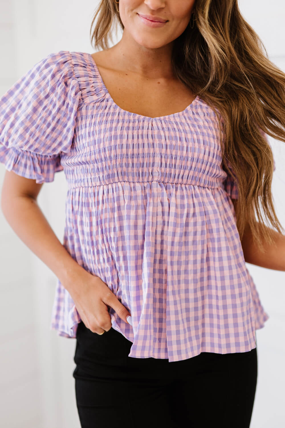 Youthful Days Gingham Smocked Babydoll Top