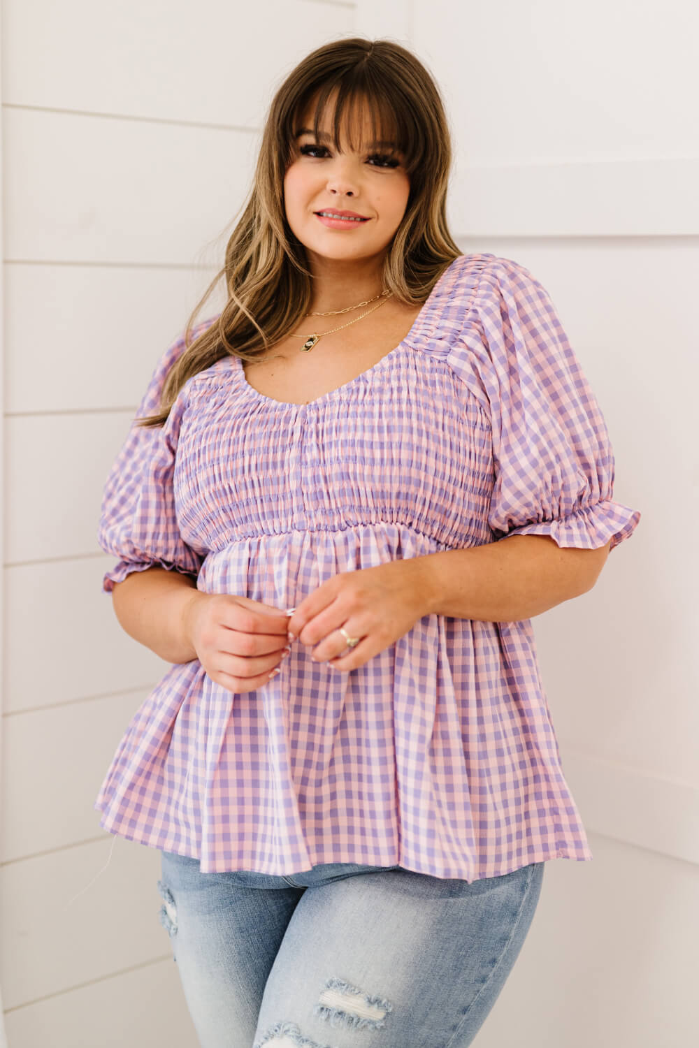 Youthful Days Gingham Smocked Babydoll Top