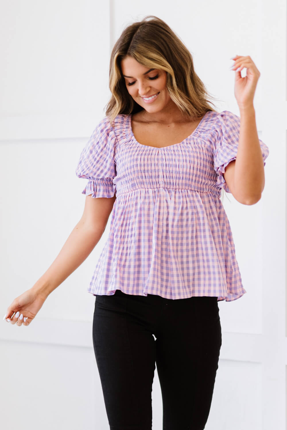 Youthful Days Gingham Smocked Babydoll Top